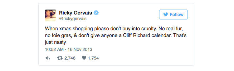 ricky gervais, fur, hypocrite, animal rights, animal welfare