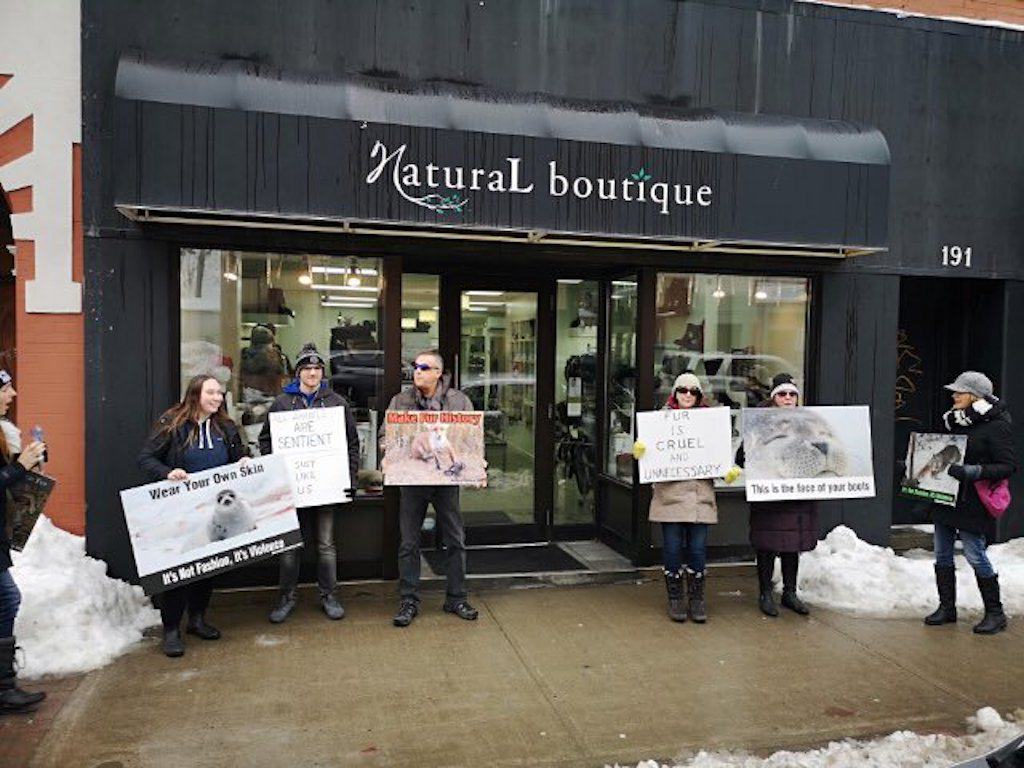 anti-fur protesters at Natural Boutique